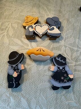 Hand-Painted Folk Art Wooden Figurine Set in Blue, Gray, and Yellow